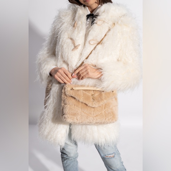 NEW! Authentic YSL SAINT LAURENT CREAM PUFFER LARGE FUR SHEARLING SHOULDER BAG - Picture 6 of 17